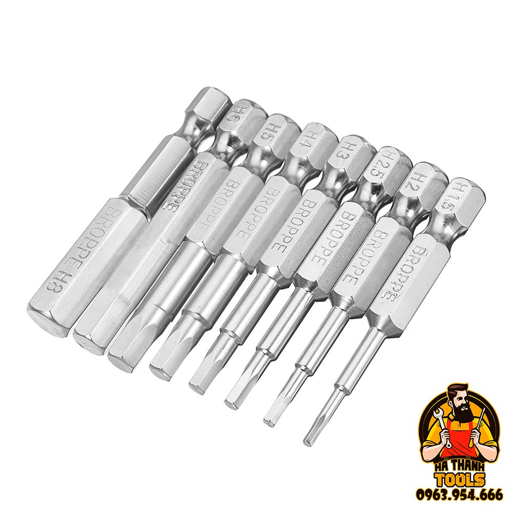 Bộ 8 Mũi Bắn Vít Lục Giác BROPPE 50mm Cho Khoan Pin, Khoan Điện H1.5 - H8
