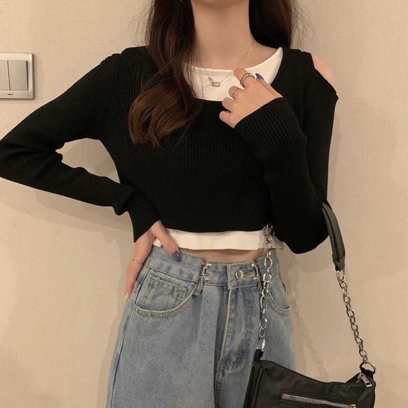 【77】 Áo thun tay dài giả hai lớp phong cách phương tây thời trang xuân thu Hàn Quốc mới cho nữ 2021