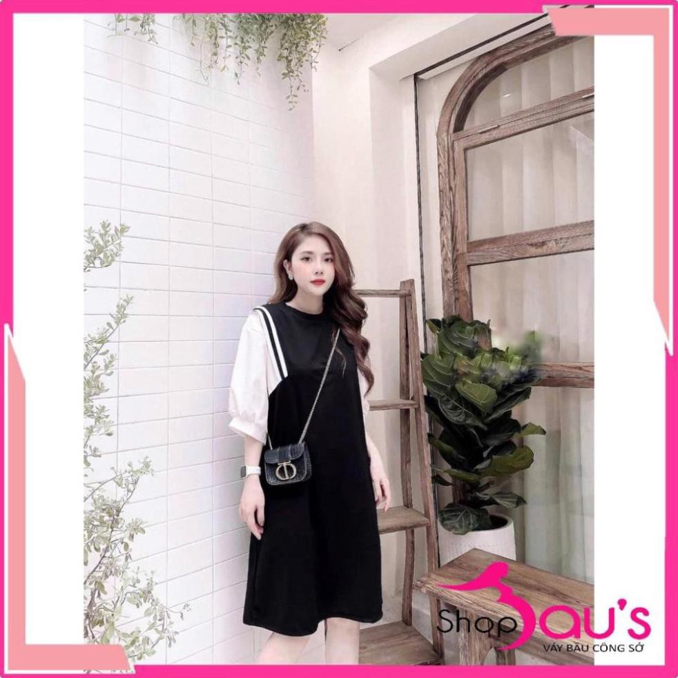 Váy bầu và sau sinh màu đen phối tay trắng kẻ sọc viền nách BN02 . ࿈