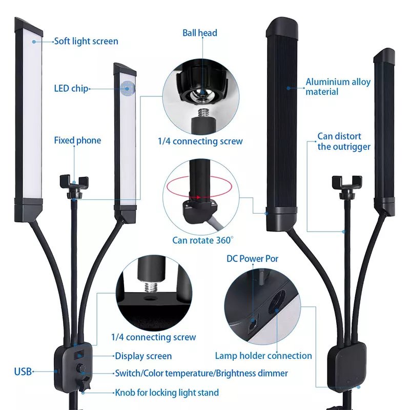 Đèn quay Tiktok 2 râu 3 màu LIVESTREAM chuyên dùng trong spa tattoo nối mi phun xăm trang điểm DOUBLE ARM LED