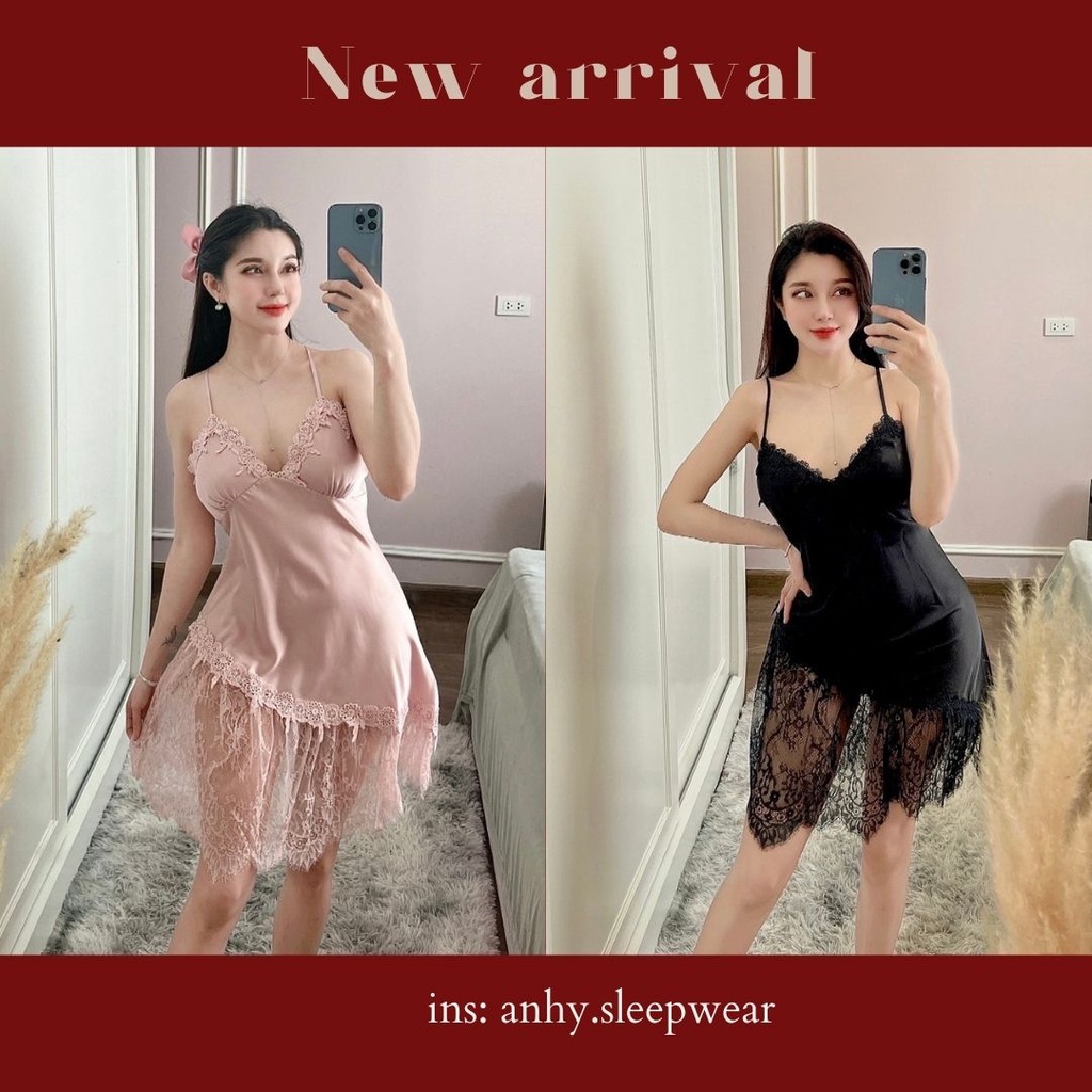 Váy ngủ 2 dây lụa phối ren sexy, gợi cảm An Hy Sleepwear
