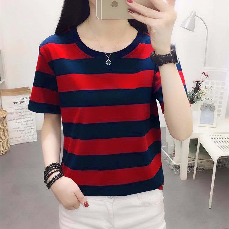 Áo Thun Tay Ngắn Dáng Rộng Họa Tiết Kẻ Sọc Thời Trang Cho Phụ Nữ Trung Niên