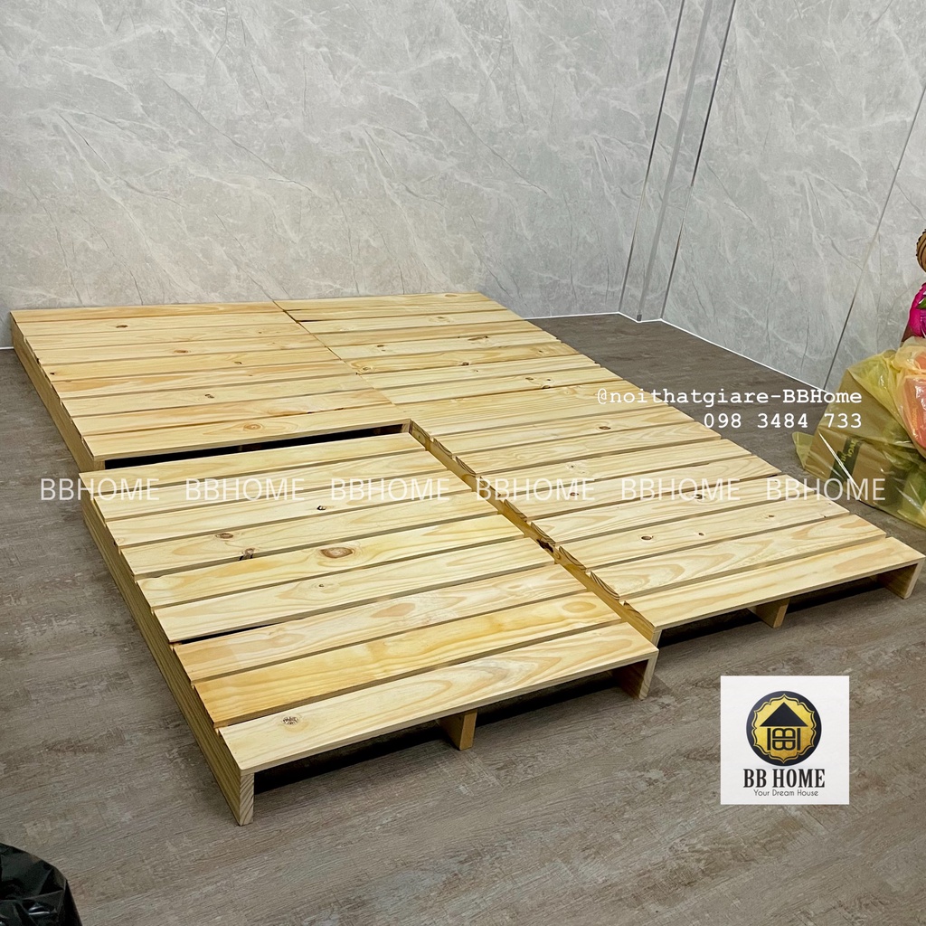 Giường pallet gỗ thông mới 100% BBHome - Sơn phủ PU,nan gỗ dày