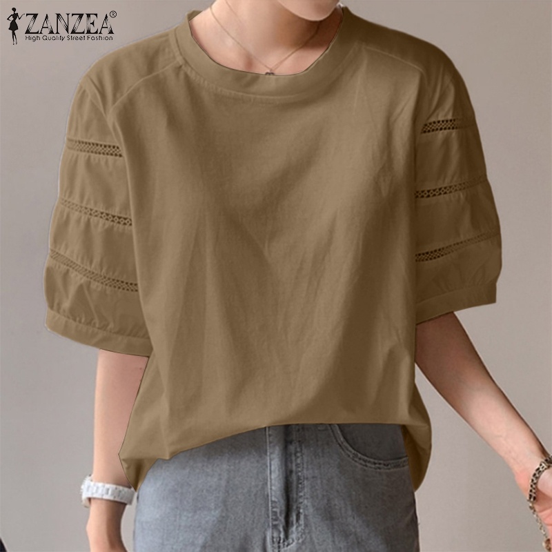 Áo ZANZEA tay lửng cổ tròn phối ren thời trang cho nữ