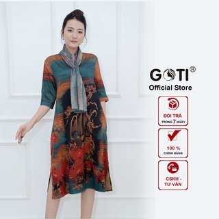 GOTI - Đầm Suông Trung Niên Cao Cấp Dáng Suông Chữ A Che Bụng Có Túi Vải Lụa Cao Cấp Kèm Khăn Tặng Mẹ U50 U60 1521