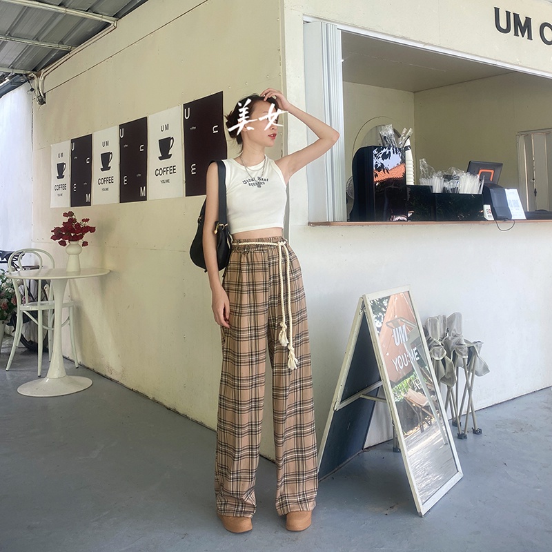 Quần dài SUXI lưng cao ống rộng họa tiết sọc caro phong cách vintage thời trang cho nữ