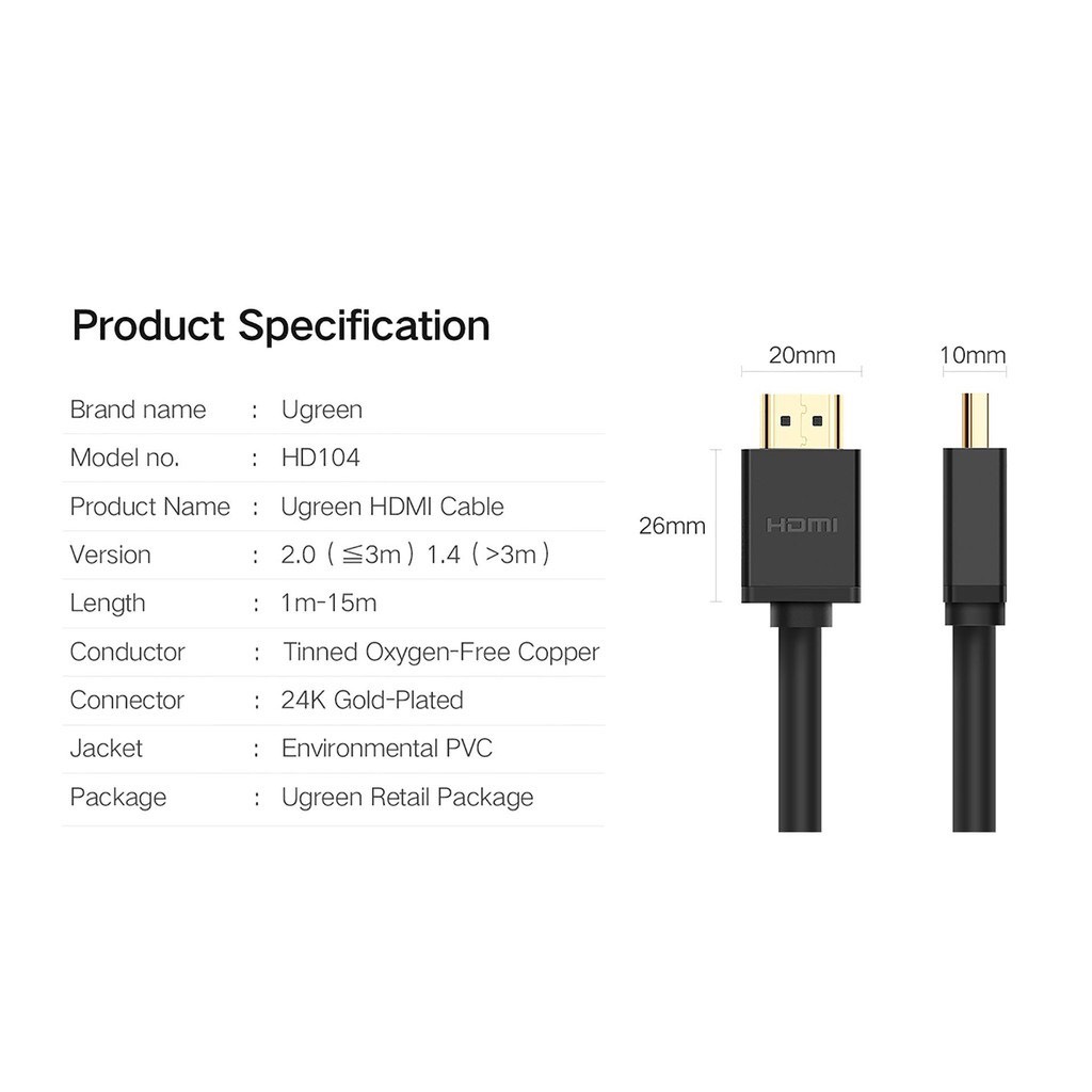 Cáp HDMI Ugreen 10m, 15m, 20m Hỗ trợ 4K 2K cao cấp- hàng chính hãng