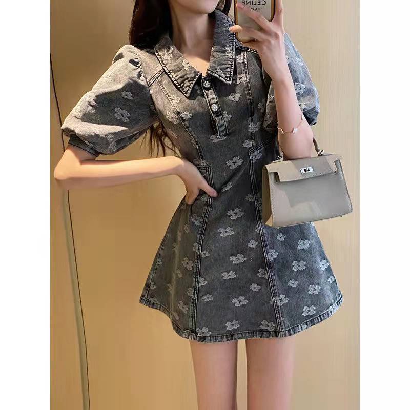 Váy demin cổ tích mua xuân form ngắn thiết kế chữ A kiểu Pháp