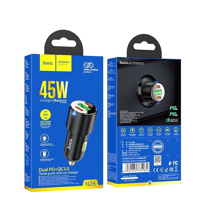 Tẩu sạc Hoco oto NZ6 PD45W sạc nhanh QC3.0 có 2 cổng type-C và 1 USB - bộ sạc xe hơi nhỏ gọn chính hãng