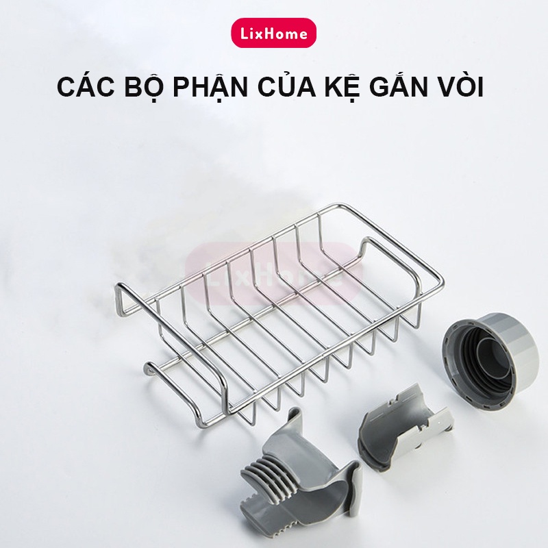 Kệ để đồ rửa chén bát gắn vòi nước inox 304 xoay 360 độ - LKV1, khay gắn vòi đựng miếng rửa chén cao cấp - LIXHOME