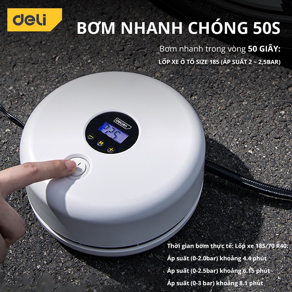 Máy Bơm Lốp Xe Ô Tô Deli Chính Hãng - Bơm Nhanh, Phát Hiện Áp Suất Lốp Thời Gian Thực, Màn Hình LCD- Nhỏ Gọn Mã DL880180