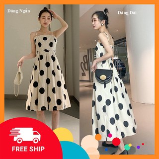 Đầm Maxi Chấm Bi Đen Trắng| Váy 2 Dây Đi Biển Dáng Xòe Sáng Chảnh