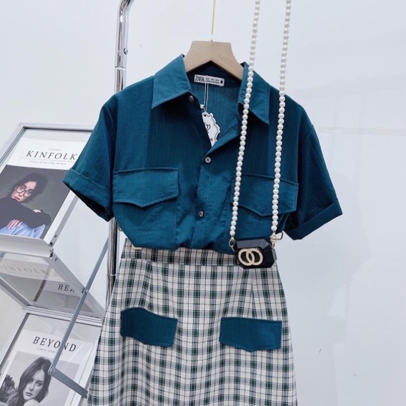 Sét Áo Caro xanh phối chân váy