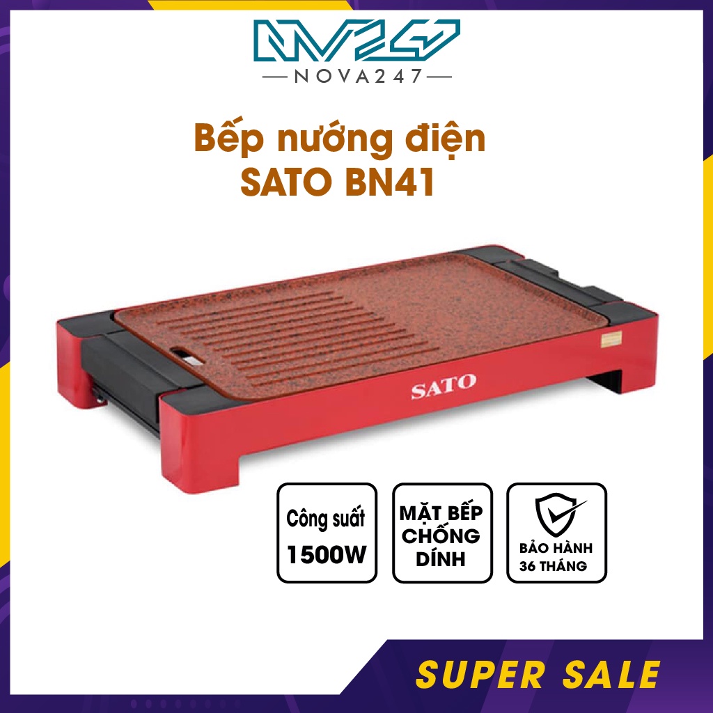 Bếp nướng điện không khói SATO BN41 bề mặt bếp nướng rộng có rãnh thoát mỡ thừa-Chống dính cao cấp-Bảo hành 36 tháng-Hàn
