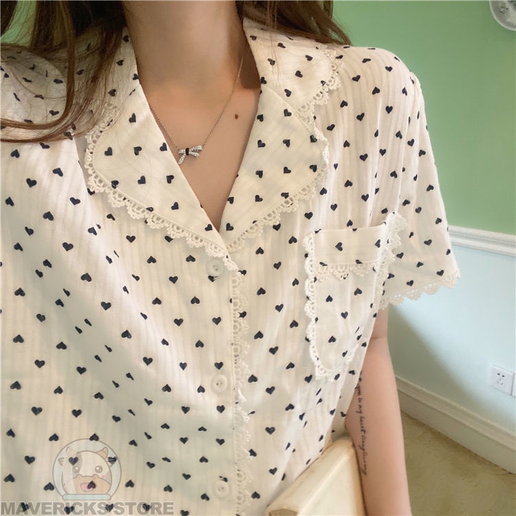 Bộ Đồ Ngủ Tay Ngắn Phối Ren Dễ Thương Phong Cách Hàn Quốc Cho Nữ