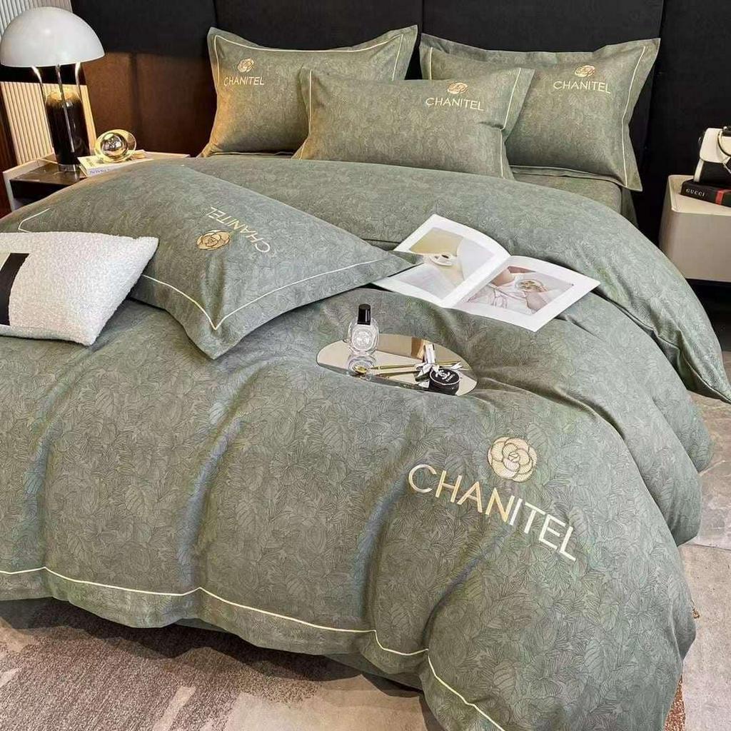 Bộ Chăn Ga Gối HIN BEDDING Chất Liệu Cotton Chanitel Thêu Họa Tiết Cao Cấp, Vải Cotton Mềm Mịn Đủ Kích Thước
