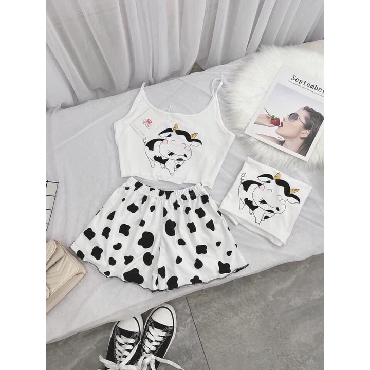 Bộ Ngủ 2 Dây Bò Sữa  Quần Short - Set Áo Hai Dây Trâu Cute Mix Quần Đùi Báo Đốm Ngựa Vằn Bò Sữa