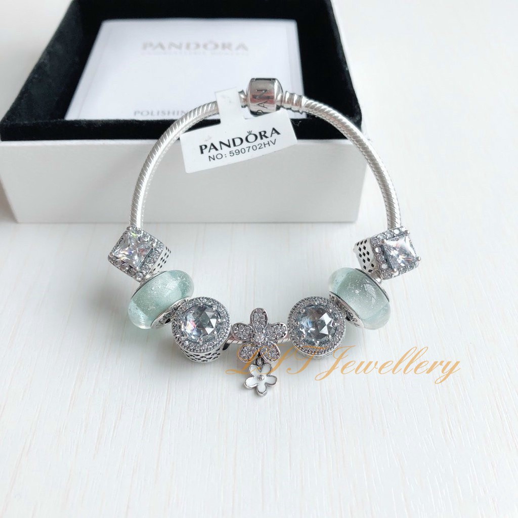 Vòng tay Pandora mạ bạc 925 hai màu trắng hoa cúc AAs031 thời trang