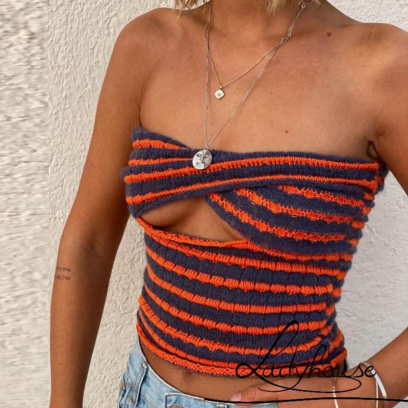 Áo Ống Dệt Kim Họa Tiết Kẻ Sọc Rỗng Hở Lưng Gợi Cảm Thời Trang Cho Nữ