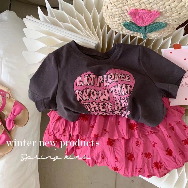 Set Áo Thun Ngắn Tay + Chân Váy Cotton Màu Sắc Tương Phản Thời Trang Mùa Hè Cho Bé Gái