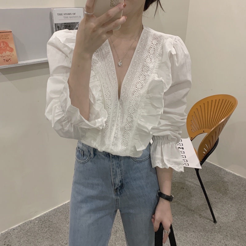 ÁO SƠ MI CỔ V DÀI TAY BÈO NHÚN - SẴN