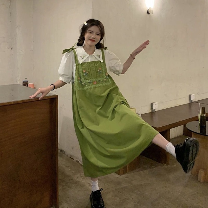 Set Áo Sơ Mi Ngắn Tay Thêu Hoa + Váy Yếm Ren Phong Cách Retro Mới Cho Nữ