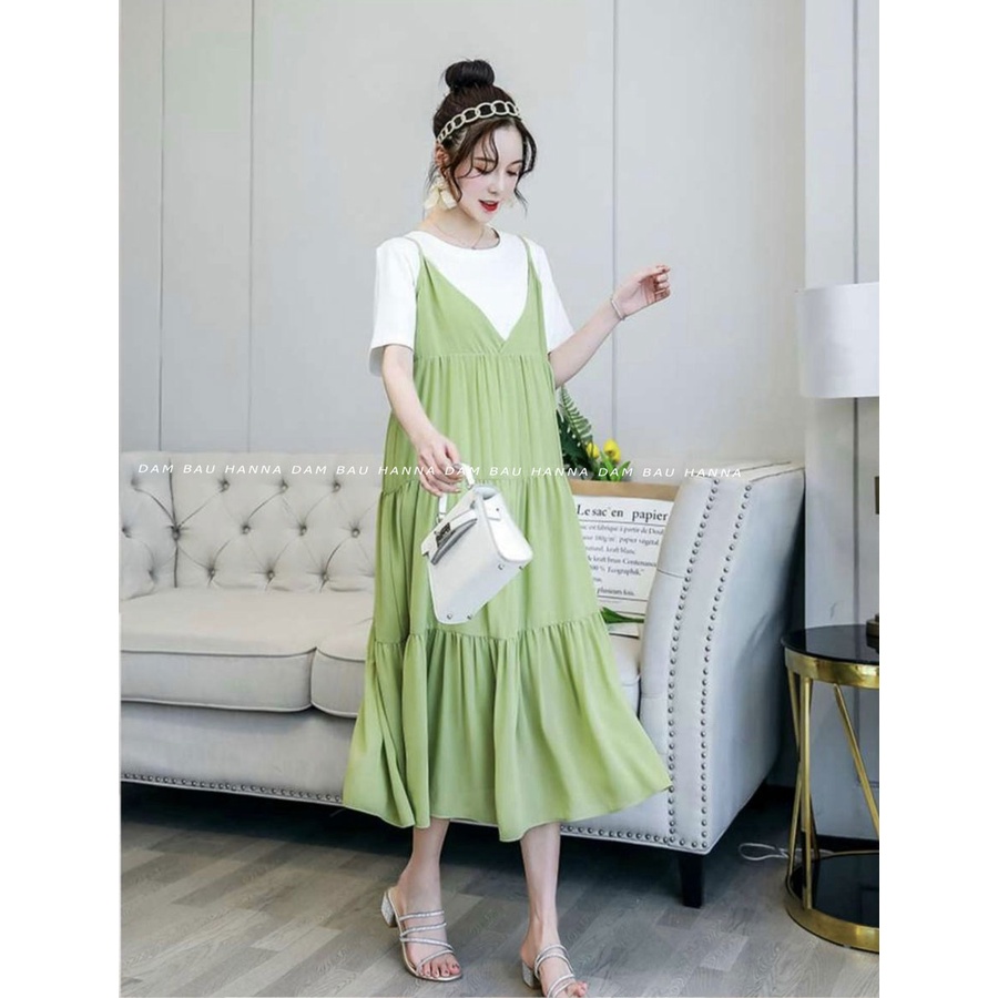 [HANNA] Đầm bầu giả yếm dễ thương cho mẹ trẻ free size 40-75kg với vải chéo mỹ cao cấp thoáng mát mùa hè không nhăn