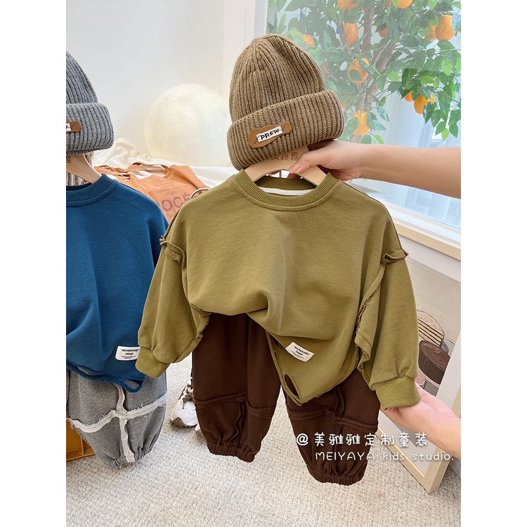 [Hàng Có Sẵn Mới Về] Set Áo Sweatshirt Phối Rách Phong Cách Hàn Quốc Cho Bé Trai Và Bé Gái