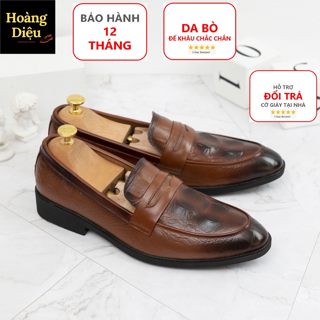 Giày Da lười công sở da bò thật cao cấp HD09 Màu Vàng sậm + Đen