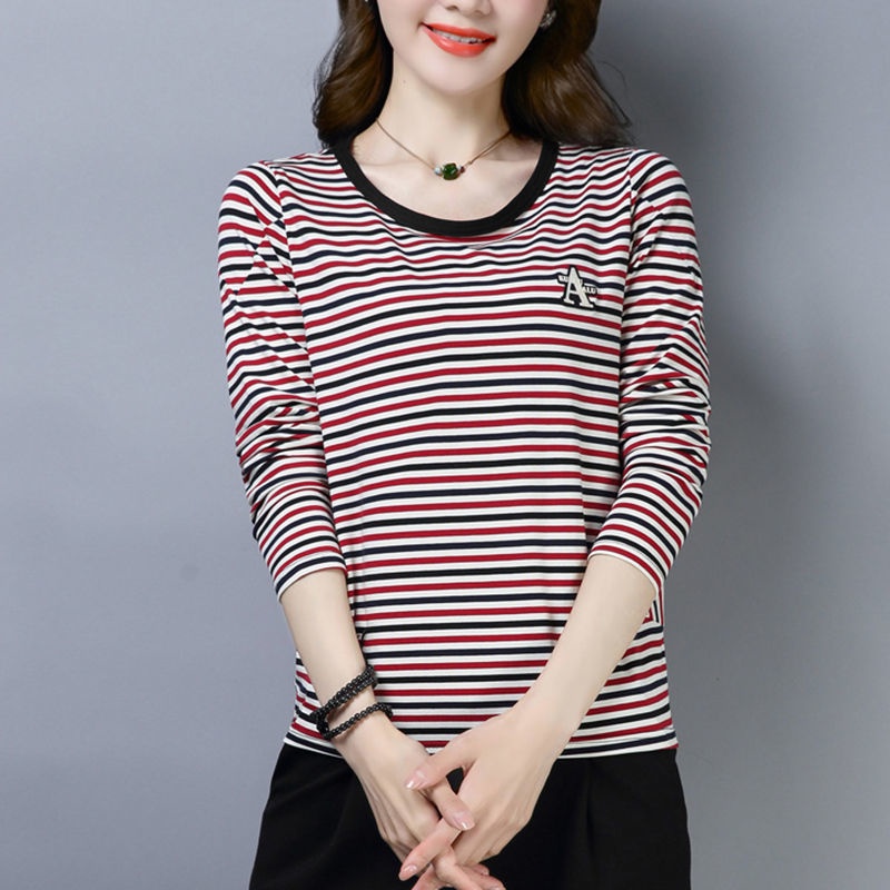 Áo Thun Tay Dài Họa Tiết Kẻ Sọc Phong Cách Phương Tây Thời Trang Mùa Thu Mới Cho Phụ Nữ Trung Niên