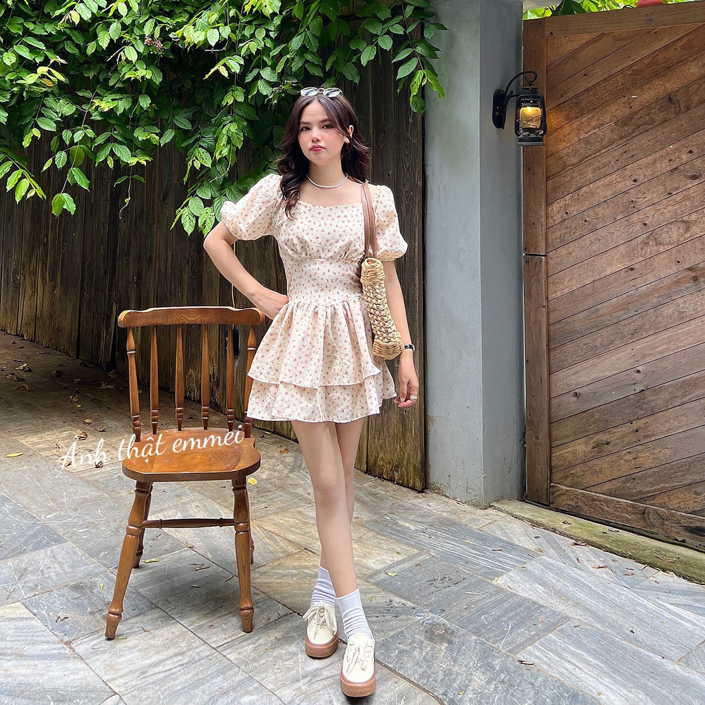 Váy hoa nhí 2 tầng tay phồng, đầm hoa vintage dáng xoè ngắn tiểu thư Emmei v140
