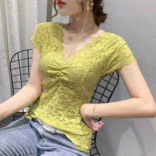 Quần Áo Phụ Nữ Mùa Hè☜✠▨Áo Ren Cổ Chữ V Tay Ngắn Dáng Ôm Thời Trang Mùa Hè 2020 Mới Dễ Phối Đồ