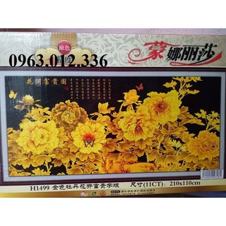 tranh thêu chữ thập hoa mẫu đơn kim sắc tuyệt đẹp khổ lớn 210*110cm