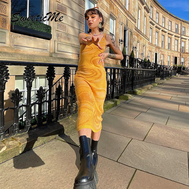 Women's 2021 Sexy Halter Hollow Swirl Wool Contrast Backless Slim Sling Dress | BigBuy360 - bigbuy360.vn