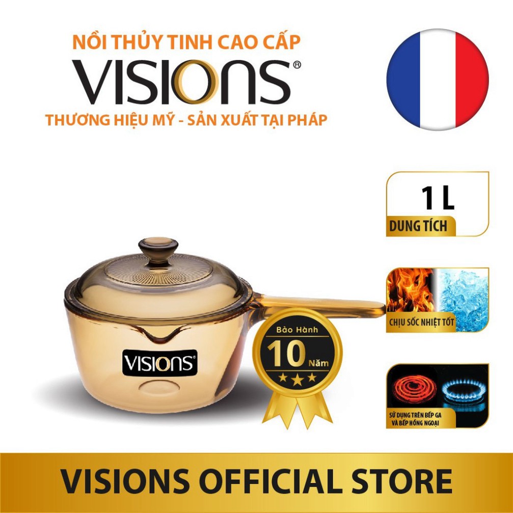 Nồi quánh nấu cháo bột thuỷ tinh Visions VSP-1 1L , Bảo Hành 10 năm , Xuất xứ từ Pháp - Hàng chính hãng