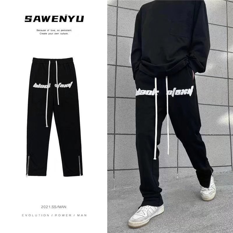 Quần Thể Thao Ống Rộng Xẻ Tà Thêu Họa Tiết Phong Cách Hip Hop Đường Phố Mỹ Thời Trang Xuân Thu Cho Nam