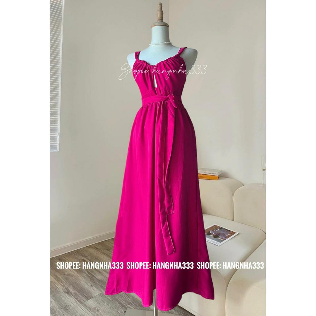 Khóa Lưng | Đầm maxi 2 dây form dài siêu xòe khoét ngực kèm dây thắt chun lưng trendy tiểu thư