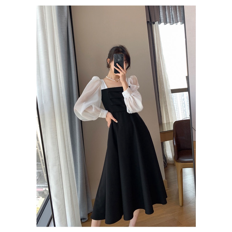 Đầm dáng dài tay dài cổ vuông phong cách Pháp thời trang thanh lịch cho nữ