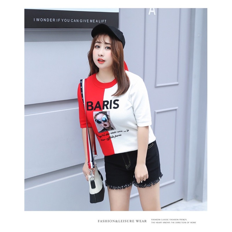 áo len thun big size phối 2 màu hình cô gái size 70-80kg