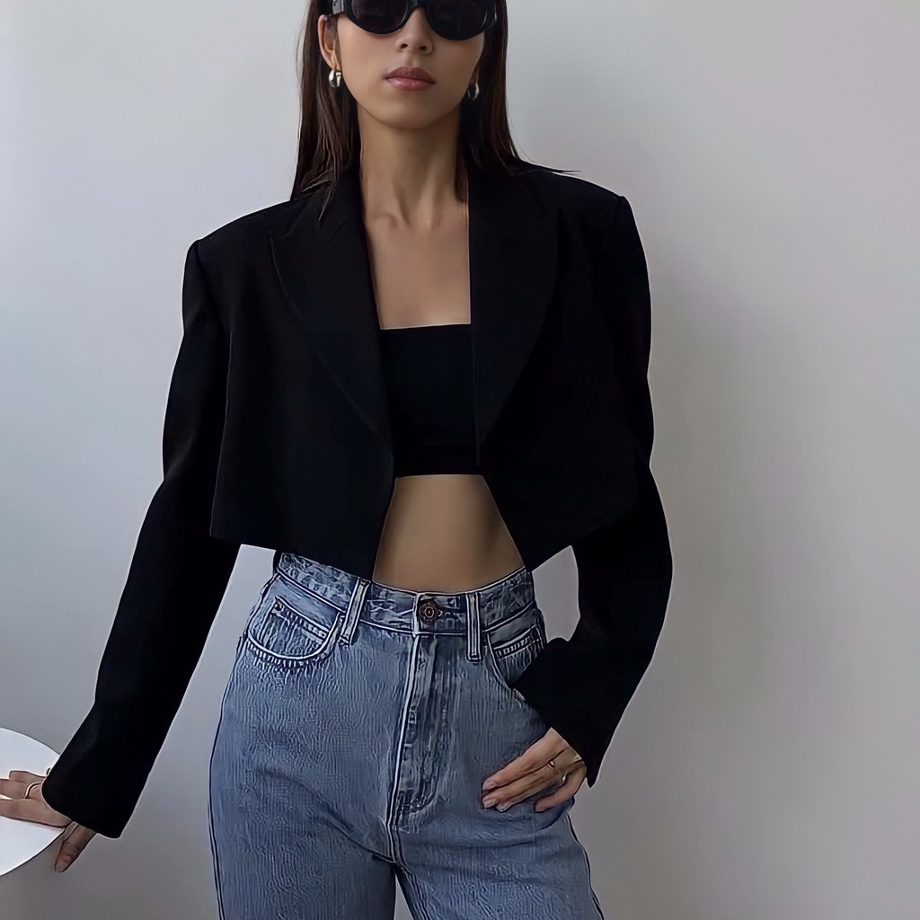 A1 Áo Vest Croptop Tay Dài Nữ Blazer Có Độn Vai