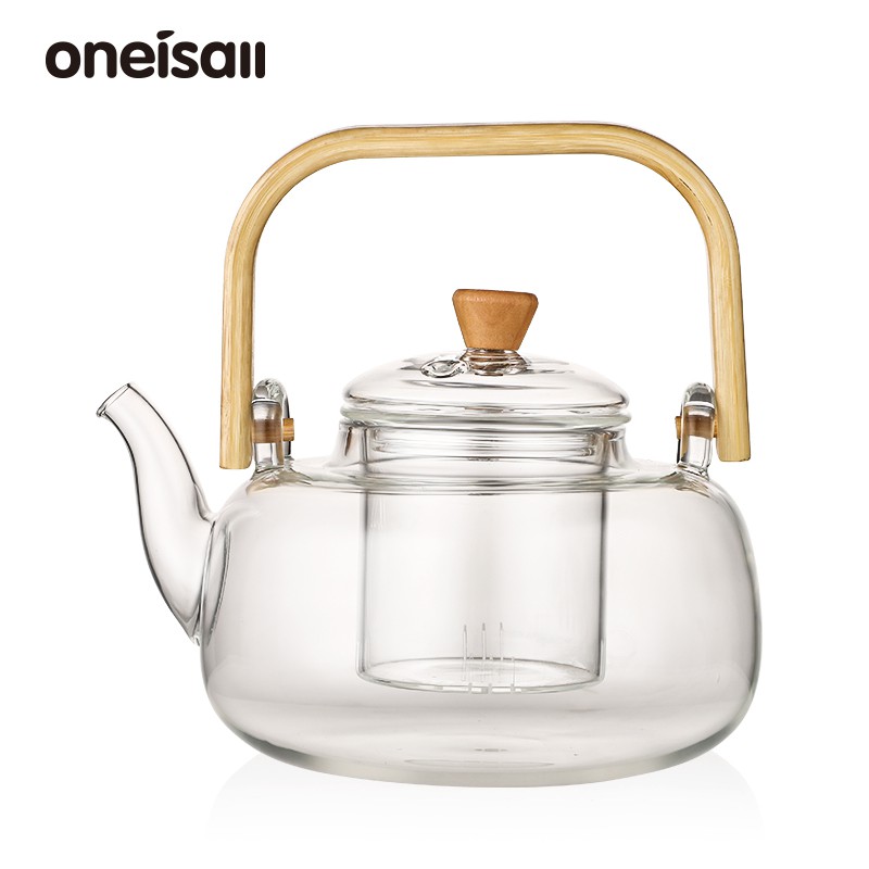 Bộ ấm/tách trà ONEISALL thiết kế tay cầm bằng tre bộ lọc thuỷ tinh chịu nhiệt 1000ml