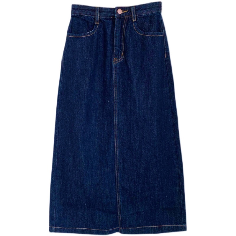 Chân váy bò denim MORAN cạp cao dáng dài A-line style retro khâu chỉ nổi vintage