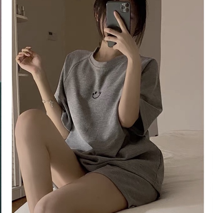 Set Raglan Tổ Ong Cộc Tay Mặt Cười 💙 HD Clothings 💙 Bộ thun tay lỡ cổ tròn oversize kèm quần sooc ống rộng basic Ulzzang
