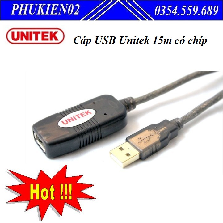 Dây nối dài USB Unitek 15m có chíp khuếch đại tín hiệu - Y265 - hàng chính hãng