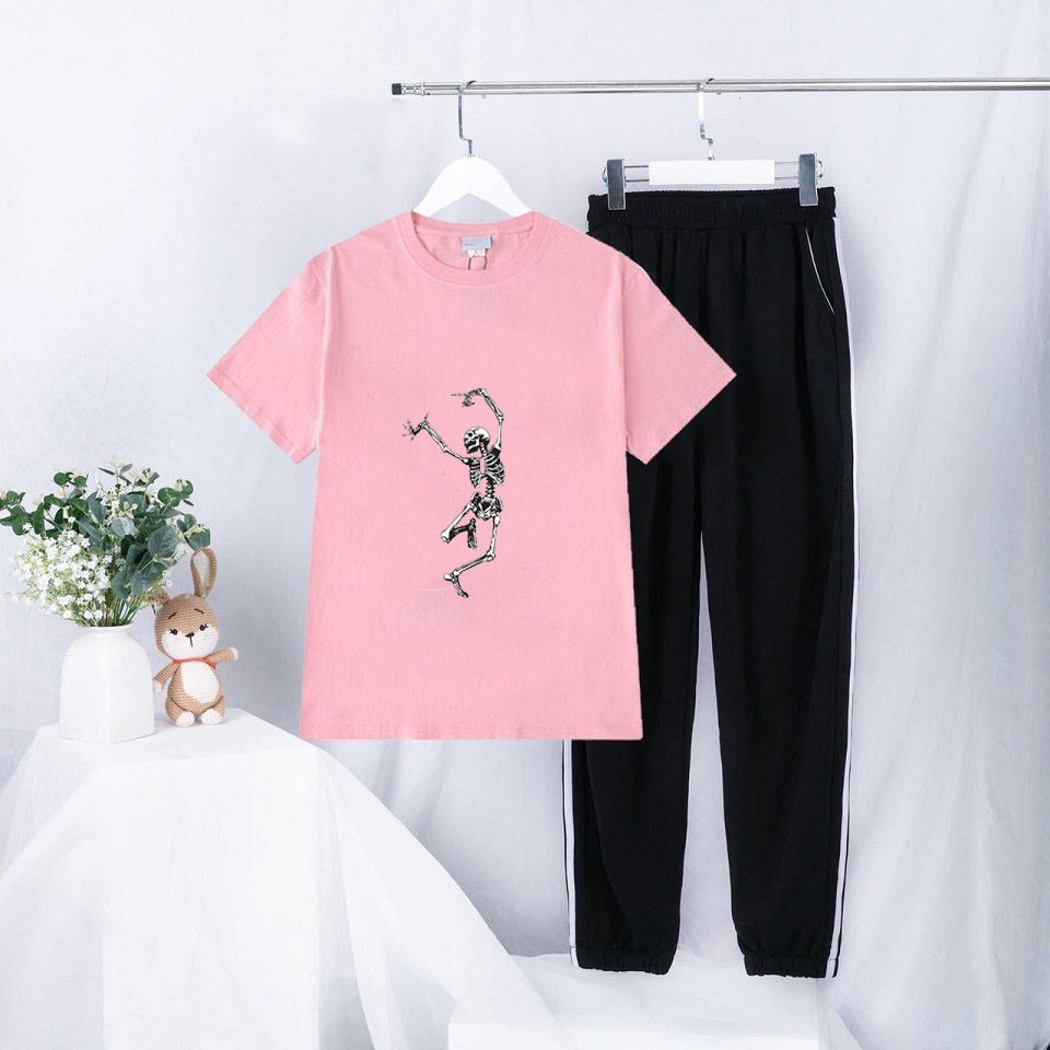 Sét Bộ Đồ Quần Dài Áo Ngắn Tay Nam Nữ Ulzzang Mặc Siêu Xinh, Áo Phông Cotton Mát Mịn In 3D Hình Chiếc Xương Nhảy Múa
