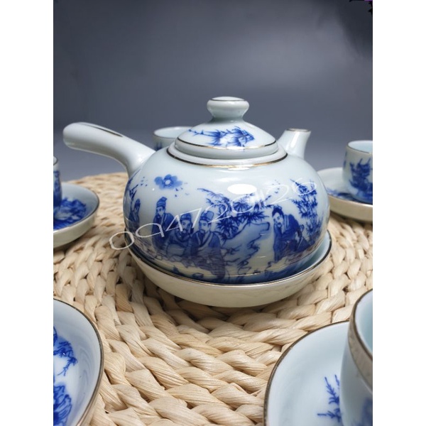 BỘ ẤM CHÉN BÁT TRÀNG MEN LAM TRÚC LÂM THẤT HIỀN QUAI NGANG 350ML