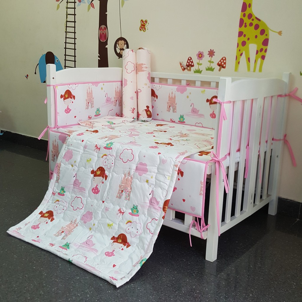 Combo trọn bộ nệm, quây ,ga và màn cho cũi em bé