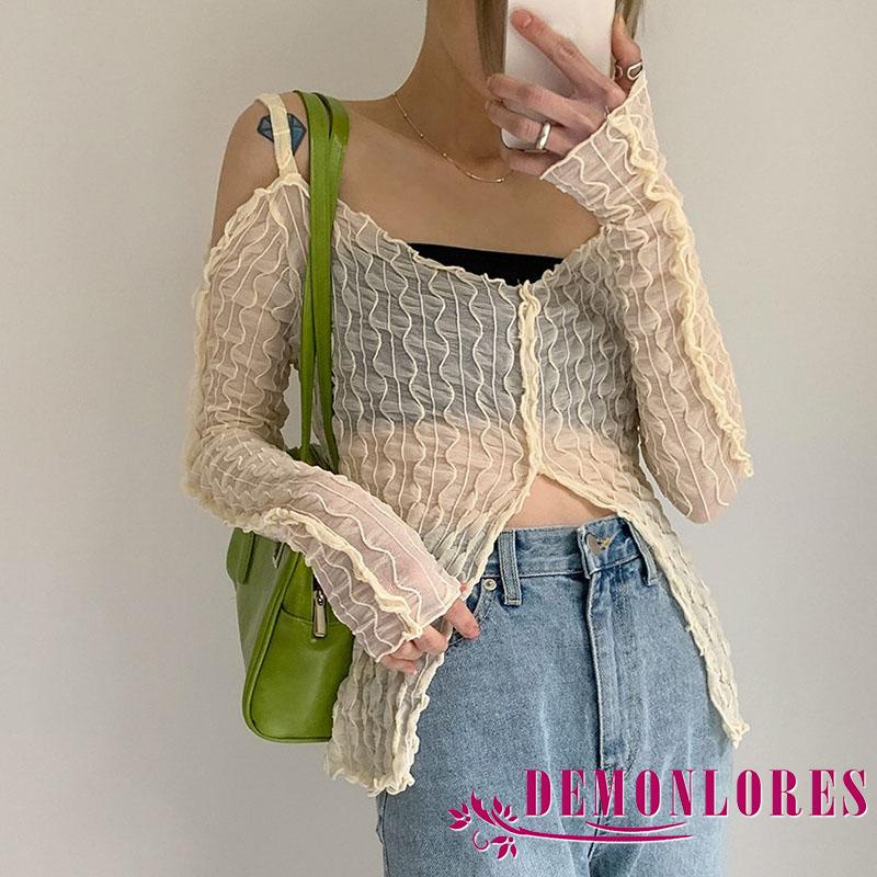 Áo thun tay dài màu trơn xẻ tà thời trang dành cho nữ