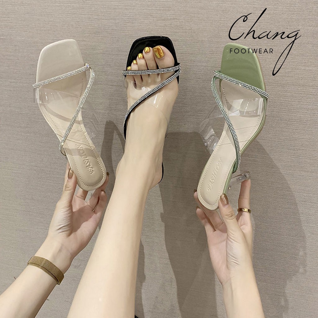 Guốc cao gót quai mảnh đính đá, Guốc nữ mũi vuông cao 7cm (form rộng lùi 1 size) - Mã 1866
