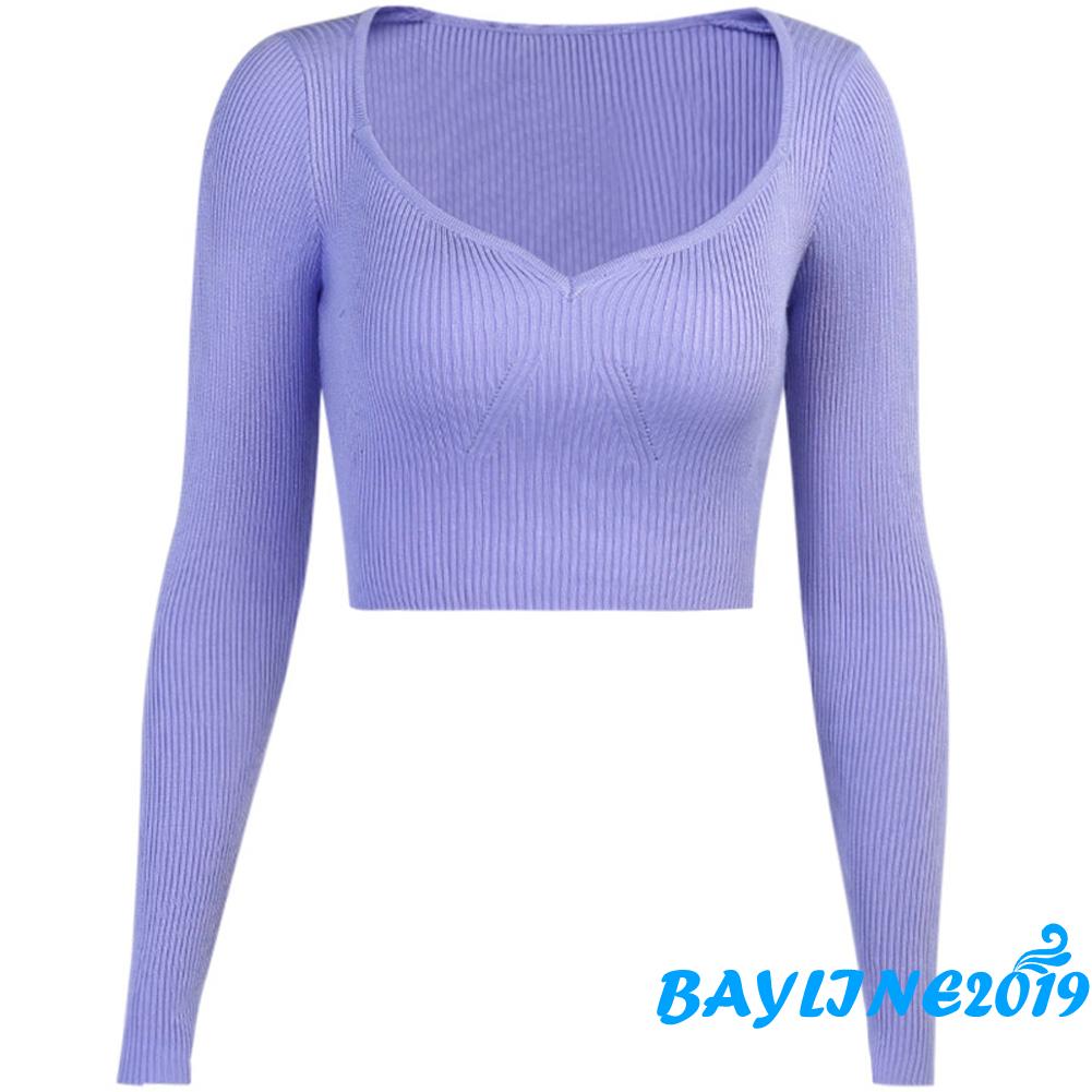 Áo Croptop Dệt Kim Tay Dài Thiết Kế Cổ Chữ V Quyến Rũ | BigBuy360 - bigbuy360.vn